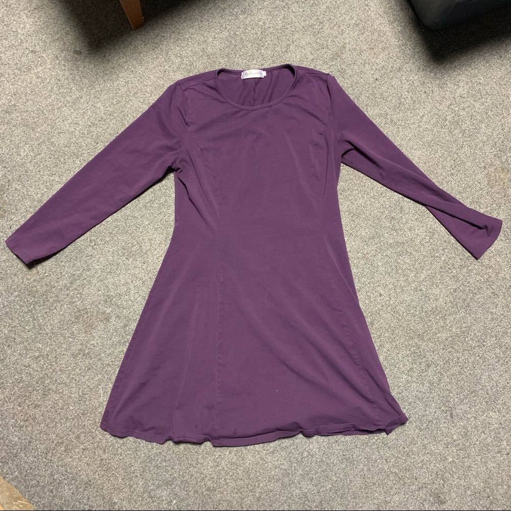 Long Sleeve Knee Length Solid Purple Dress